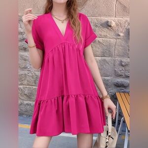 (B3) SHEIN Hot Pink Roll‎ Cuff Ruffle Hem Smock Dress V-Neck Boho Summer S 4